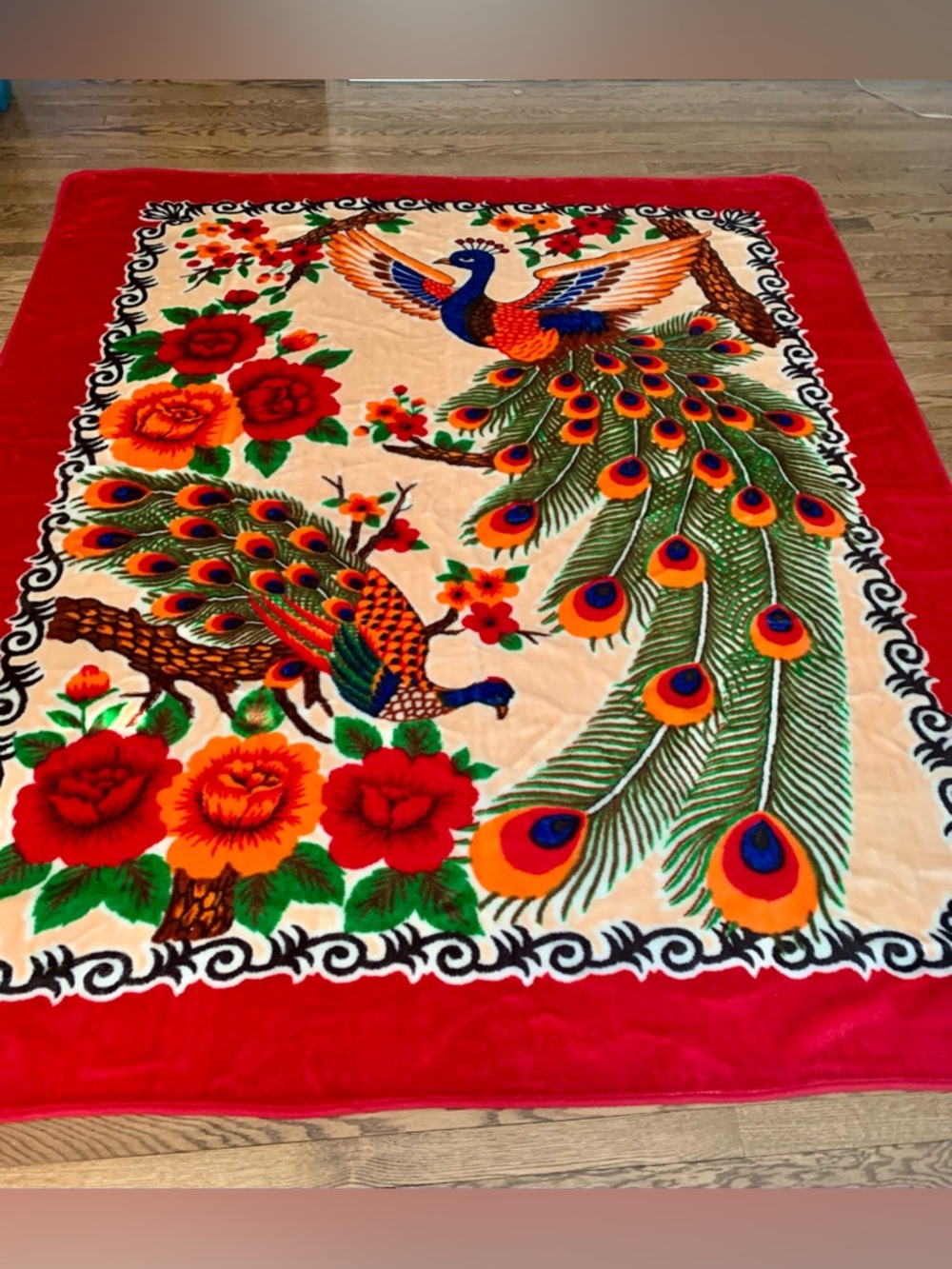 Korean style peacock and Rose blanket 88x77 Large